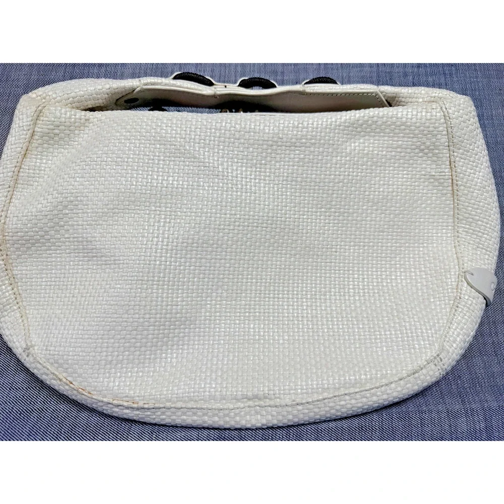 Cole Haan Alyssa Bead Cream Woven Straw Shoulder Bag Vintage Wood Trim Purse